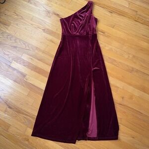 Birdy Grey Dress M Burgundy One Shoulder Velvet Maxi Formal Gown Slit Holiday